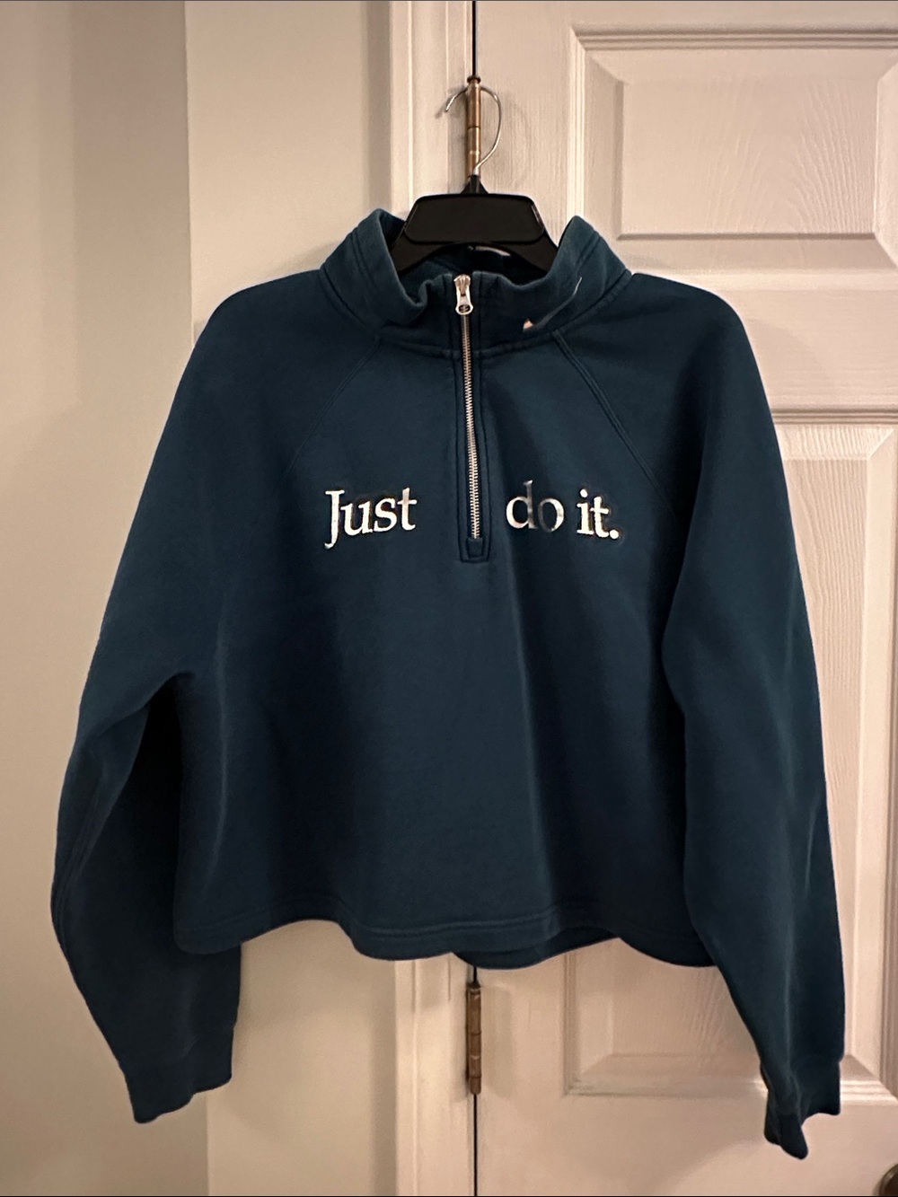 Nike Dark Teal Crop Zip Pullover with Metallic 'Just do it.’ Print - Womens XL